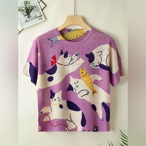 030 • Eyelet Thin Loose-Fit Printed Round Neck Pullover Cat Print Sweater